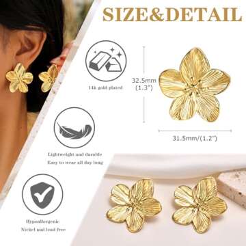 Gold Flower Studs Earrings - 14K Gold Plated Personality Big Floral Studs Earring,Stainless Steel Hypoallergenic Ear Rings Trendy Jewelry,XMAS Valentine's Day Birthday Gifts for Her Girlfriend Sister