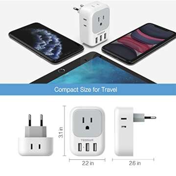 TESSAN 3 Pack European Travel Plug Adapter, US to Europe Power Adapter with 4 AC Outlets and 3 USB, Type C Charger Adaptor Converter for USA to EU Italy France Spain Iceland Greece Germany Paris