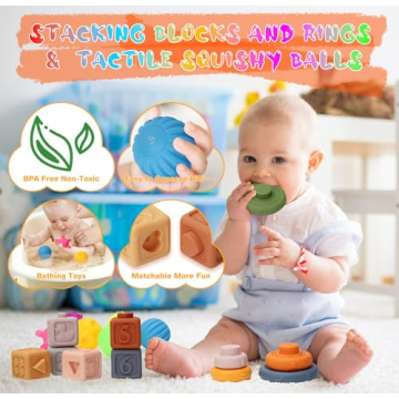 Baby Toys 6 to12 Months, 7 in-1 Montessori Toy for 6-9-12-18 Month Old with Pull String Toy, Sensory Bin Toys, Stacking Baby Blocks & Soft Infant Ring & Sensory Ball, Stacking Cups for Toddler Gift