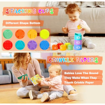 Baby Toys 6 to12 Months, 7 in-1 Montessori Toy for 6-9-12-18 Month Old with Pull String Toy, Sensory Bin Toys, Stacking Baby Blocks & Soft Infant Ring & Sensory Ball, Stacking Cups for Toddler Gift