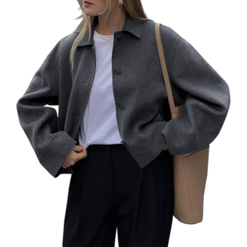 Tankaneo Womens Cropped Pea Coat Fall Winter Oversized Short Wool Blend Jacket