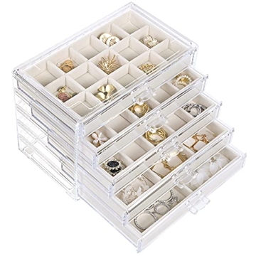 misaya Earring Jewelry Organizer with 5 Drawers, Christmas Day Present, Clear Acrylic Jewelry Box for Women, Velvet Earring Display Holder for Earrings Ring Bracelet Necklace, Cream