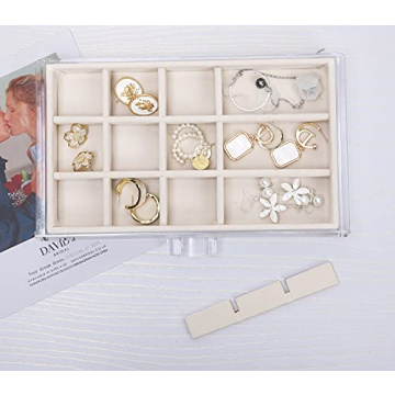 misaya Earring Jewelry Organizer with 5 Drawers, Christmas Day Present, Clear Acrylic Jewelry Box for Women, Velvet Earring Display Holder for Earrings Ring Bracelet Necklace, Cream