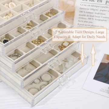 misaya Earring Jewelry Organizer with 5 Drawers, Christmas Day Present, Clear Acrylic Jewelry Box for Women, Velvet Earring Display Holder for Earrings Ring Bracelet Necklace, Cream