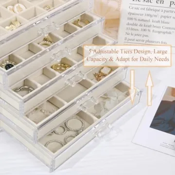 misaya Earring Jewelry Organizer with 5 Drawers, Christmas Day Present, Clear Acrylic Jewelry Box for Women, Velvet Earring Display Holder for Earrings Ring Bracelet Necklace, Cream