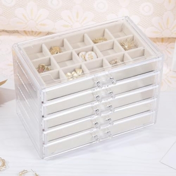 misaya Earring Jewelry Organizer with 5 Drawers, Christmas Day Present, Clear Acrylic Jewelry Box for Women, Velvet Earring Display Holder for Earrings Ring Bracelet Necklace, Cream