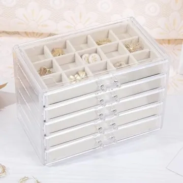 misaya Earring Jewelry Organizer with 5 Drawers, Christmas Day Present, Clear Acrylic Jewelry Box for Women, Velvet Earring Display Holder for Earrings Ring Bracelet Necklace, Cream