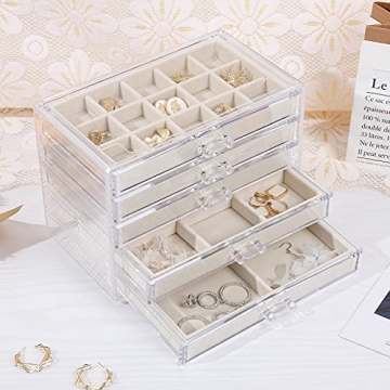 misaya Earring Jewelry Organizer with 5 Drawers, Christmas Day Present, Clear Acrylic Jewelry Box for Women, Velvet Earring Display Holder for Earrings Ring Bracelet Necklace, Cream