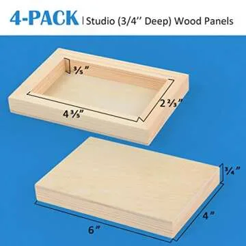 Falling in Art Unfinished Birch Wood Panels Kit for Painting, Wooden Canvas 4 Pack of 4x6’’ Studio 3/4’’ Deep, Cradle Boards for Pouring, Art, Crafts, Burning and More