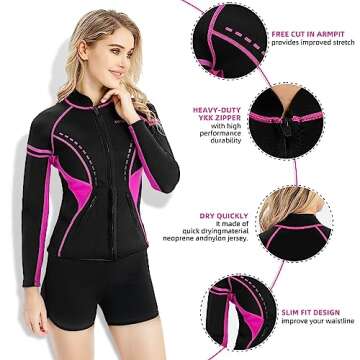 GoldFin Wetsuit Top Women, 2mm Wetsuits Jacket Long Sleeve Neoprene Tops for Water Aerobics Diving Surfing Swimming