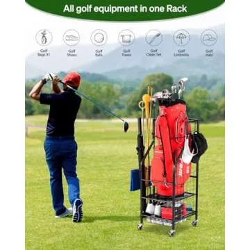 FHXZH Golf Bag Storage Garage Organizer - Golf Bag Stand Fit for 1 Bag, Extra Clubs, Balls, Shoes, a...