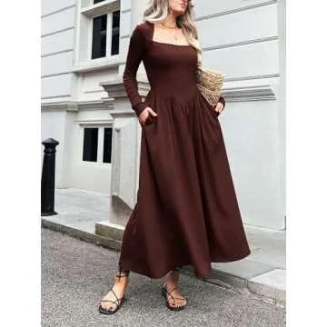 Mieazom Women's Long Sleeve Maxi Dress 2024 Fall Crewneck Knit Casual Solid Wedding Guest Flowy Long Dress with Pockets Brown L