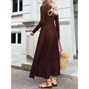 Mieazom Women's Long Sleeve Maxi Dress 2024 Fall Crewneck Knit Casual Solid Wedding Guest Flowy Long Dress with Pockets Brown L