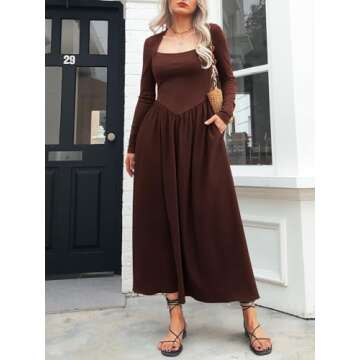 Mieazom Women's Long Sleeve Maxi Dress 2024 Fall Crewneck Knit Casual Solid Wedding Guest Flowy Long Dress with Pockets Brown L