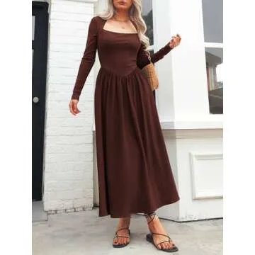 Mieazom Women's Long Sleeve Maxi Dress 2024 Fall Crewneck Knit Casual Solid Wedding Guest Flowy Long Dress with Pockets Brown L