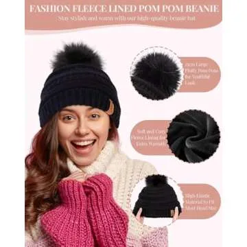 SENPUKI Womens Winter Beanie Hat Scarf Gloves Set, Cute Pom Pom Beanie with Warm Fleece Lined Long Knit Neck Scarf Touchscreen Gloves, 3 Piece Set for Cold Weather(Oatmeal)
