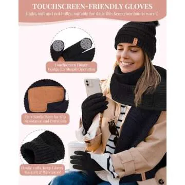 SENPUKI Womens Winter Beanie Hat Scarf Gloves Set, Cute Pom Pom Beanie with Warm Fleece Lined Long Knit Neck Scarf Touchscreen Gloves, 3 Piece Set for Cold Weather(Oatmeal)