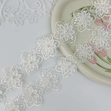 Simpless 3Yards White Flower Lace Pearl Trim,Embroidered Sewing Lace Applique for DIY Sewing Crafts Wedding Dress Home décor