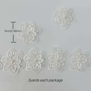 Simpless 3Yards White Flower Lace Pearl Trim,Embroidered Sewing Lace Applique for DIY Sewing Crafts Wedding Dress Home décor