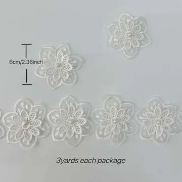 Simpless 3Yards White Flower Lace Pearl Trim,Embroidered Sewing Lace Applique for DIY Sewing Crafts Wedding Dress Home décor