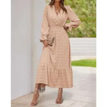 BTFBM Women Fall Dresses 2025 Long Sleeve V Neck Swiss Dots Maxi Dress Boho Long Dress High Waisted A-Line Ruffle Dress(Solid Light Khaki,Large)