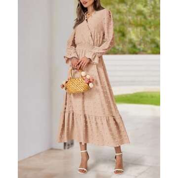 BTFBM Women Fall Dresses 2025 Long Sleeve V Neck Swiss Dots Maxi Dress Boho Long Dress High Waisted A-Line Ruffle Dress(Solid Light Khaki,Large)