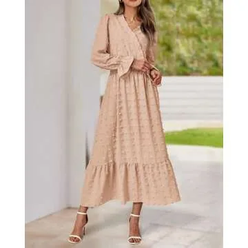 BTFBM Women Fall Dresses 2025 Long Sleeve V Neck Swiss Dots Maxi Dress Boho Long Dress High Waisted A-Line Ruffle Dress(Solid Light Khaki,Large)
