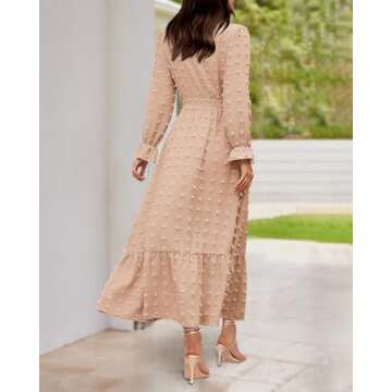 BTFBM Women Fall Dresses 2025 Long Sleeve V Neck Swiss Dots Maxi Dress Boho Long Dress High Waisted A-Line Ruffle Dress(Solid Light Khaki,Large)
