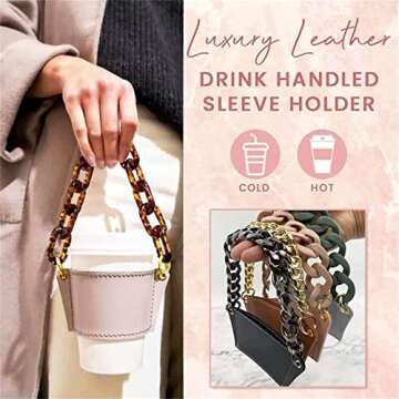 Luxury Leather Drinks Handled Sleeve Holder, Reusable Travel Coffee Cup Holder, Detachable Metal Cha...