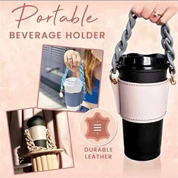 Luxury Leather Drinks Handled Sleeve Holder, Reusable Travel Coffee Cup Holder, Detachable Metal Chain Cup Holder, Portable Cup Holder Insulated Beverage Cup Holder (Gold)