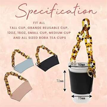Luxury Leather Drinks Handled Sleeve Holder, Reusable Travel Coffee Cup Holder, Detachable Metal Chain Cup Holder, Portable Cup Holder Insulated Beverage Cup Holder (Gold)
