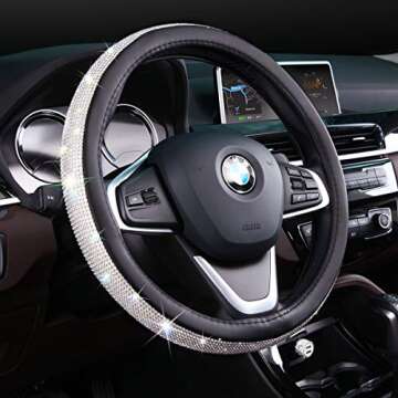 Bling Car Accessories Set, Bling Steering Wheel Cover for Women Men Universal Fit 15 Inch, Bling Lic...