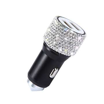 Bling Car Accessories Set, Bling Steering Wheel Cover for Women Men Universal Fit 15 Inch, Bling License Plate Frame for Women Men, Bling Car USB Charger(Fast Charging), Crystal Car Decor Set 4 Pack