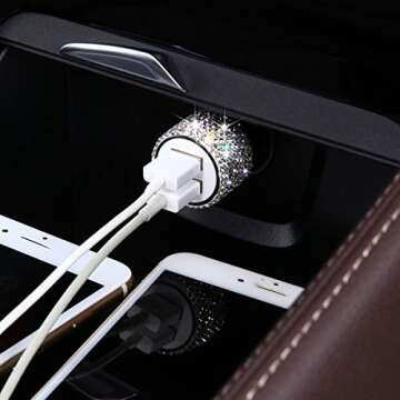 Bling Car Accessories Set, Bling Steering Wheel Cover for Women Men Universal Fit 15 Inch, Bling License Plate Frame for Women Men, Bling Car USB Charger(Fast Charging), Crystal Car Decor Set 4 Pack