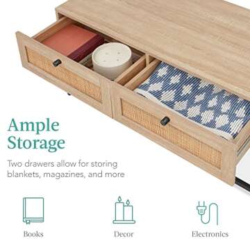 Best Choice Products 39in Rattan Coffee Table, 2-Drawer Modern Boho Home Furniture for Living Room, Bonus Room w/Wicker Storage Compartments, Oak Wood Grain Finish, Metal Frame & Knobs - Light Walnut