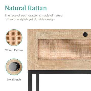 Best Choice Products 39in Rattan Coffee Table, 2-Drawer Modern Boho Home Furniture for Living Room, Bonus Room w/Wicker Storage Compartments, Oak Wood Grain Finish, Metal Frame & Knobs - Light Walnut