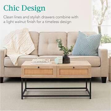 Best Choice Products 39in Rattan Coffee Table, 2-Drawer Modern Boho Home Furniture for Living Room, Bonus Room w/Wicker Storage Compartments, Oak Wood Grain Finish, Metal Frame & Knobs - Light Walnut
