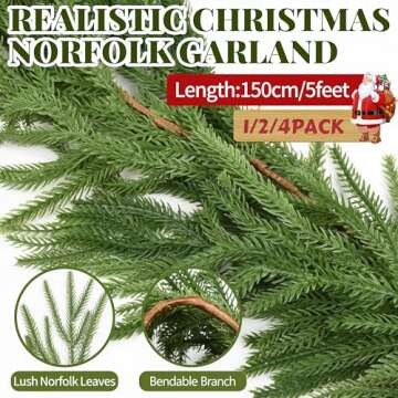 Palonu 2 Pcs 5Ft Artificial Norfolk Pine Garland, Faux Christmas Norfolk Touched Like Real Pine, Dec...