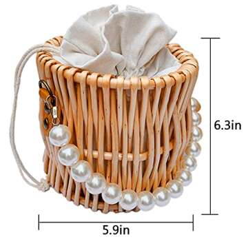 Aktudy Women's Summer Bohemian Rustic Beach Rattan Straw Bag with Pearl Handle and Drawstring Closure, Color23, Size 16*16*14cm