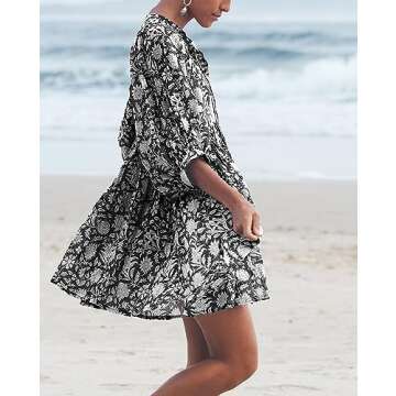 Womens Summer Dresses Casual - Boho Floral Babydoll Balloon Sleeve Half Open Tether Flowy Short Beac...