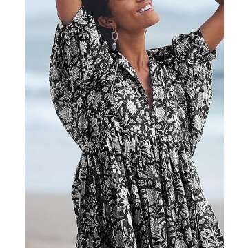 Womens Summer Dresses Casual - Boho Floral Babydoll Balloon Sleeve Half Open Tether Flowy Short Beach Dress Black