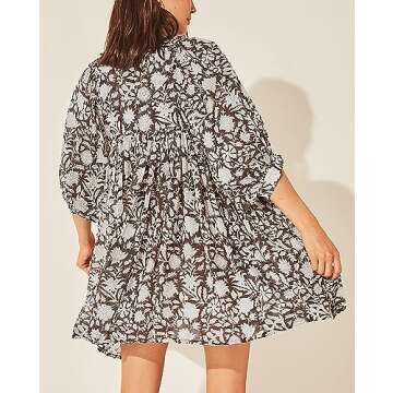 Womens Summer Dresses Casual - Boho Floral Babydoll Balloon Sleeve Half Open Tether Flowy Short Beach Dress Black