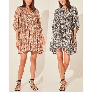 Womens Summer Dresses Casual - Boho Floral Babydoll Balloon Sleeve Half Open Tether Flowy Short Beach Dress Black