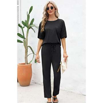 JiniGolla Women's Waffle Pajama Sets Short Sleeve Shirt Top and Loose Pants Sleepwear Nightwear Set ...