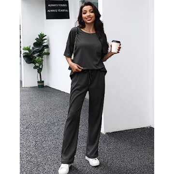 JiniGolla Women's Waffle Pajama Sets Short Sleeve Shirt Top and Loose Pants Sleepwear Nightwear Set Black XL