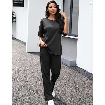 JiniGolla Women's Waffle Pajama Sets Short Sleeve Shirt Top and Loose Pants Sleepwear Nightwear Set Black XL