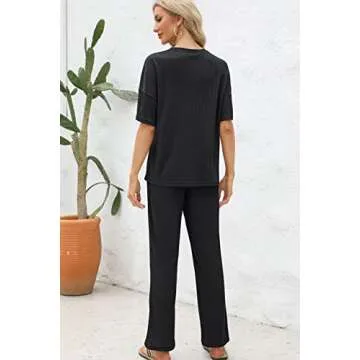 JiniGolla Women's Waffle Pajama Sets Short Sleeve Shirt Top and Loose Pants Sleepwear Nightwear Set Black XL
