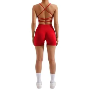 RXRXCOCO Seamless Workout Sets for Women 2 Piece Strappy Sports Bras Scrunch Butt Booty Shorts Matching Yoga Outfits Red Medium