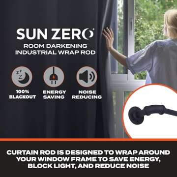 Sun Zero SN47073 Bronn Industrial Pipe Blackout Wrap Around Curtain Rod, 36-66" Adjustable Length, M...