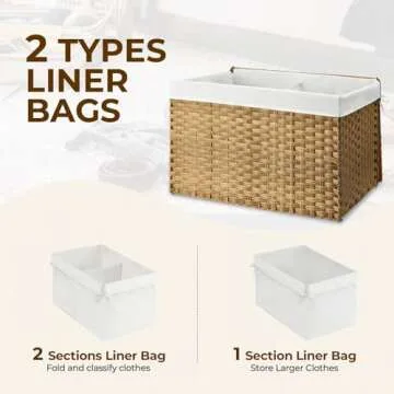 GREENSTELL Storage Basket with Lid, 160L Large Wicker Basket with Lid, Handwoven Blanket Storage Basket with Handles, Removable Cotton Liner, Metal Frame, Foldable for Bedroom, Laundry Room, Natural